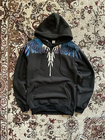 Толстовки: Худи с капюшоном, черное, с крупным принтом «крылья» спереди и сзади — 1