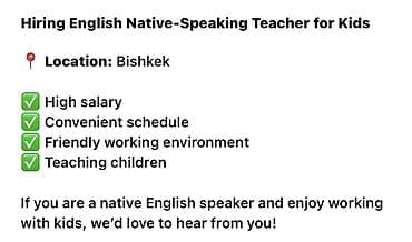 Kids center in Bishkek is hiring native English speaking teachers for at lalafo.kg Kids center in Bishkek is hiring native English speaking teachers for