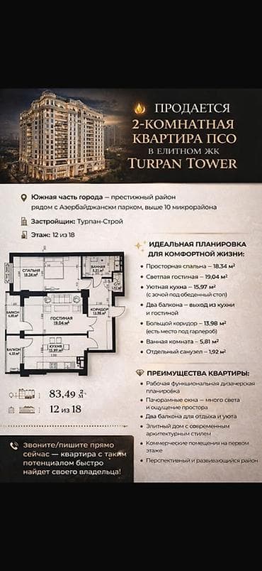 2 комнаты, 83 м², Элитка, 12 этаж, Готовая ПСО (под самоотделку)