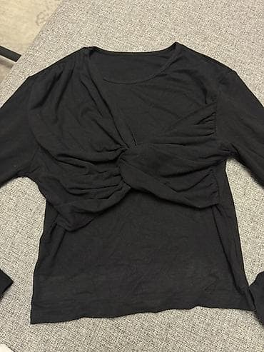 Юбки: Черный женский лонгслив с узлом/драпировкой по центру - Цвет — 2