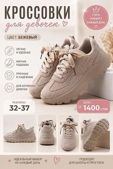 Кроссовки для девочек Цвет: бежевый Размеры: 32–37 Цена: 1400 сом