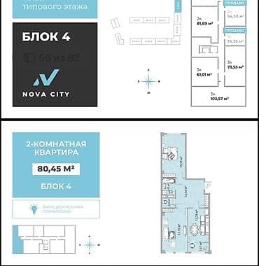 жк нова сити: 2 комнаты, 80 м², Элитка, Готовая ПСО (под самоотделку) — 5