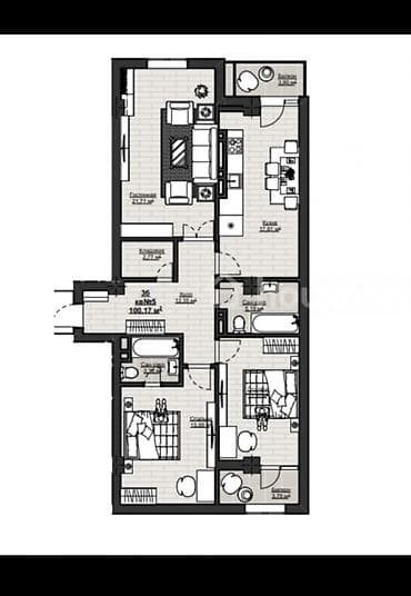 3 комнаты, 100 м², Асанбай мкр Элитка, 12 этаж, ПСО (под самоотделку) — 2