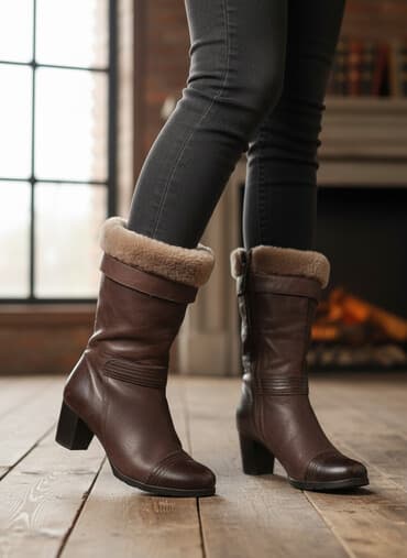 Женские зимние сапоги на каблуке - Материал верха: комбинированный —