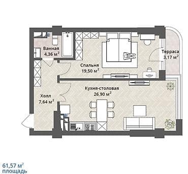 29: 2 комнаты, 62 м², Элитка, 2 этаж, Готовая ПСО (под самоотделку) — 2