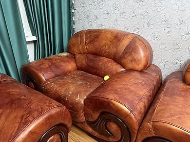 кожаная мягкая мебель: Комплект мягкой мебели, Б/у, Самовывоз, цвет - Коричневый — 3
