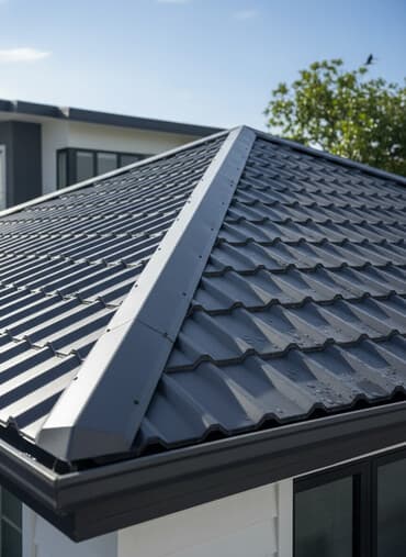 металлочерепицы: Металлочерепица темно-серого цвета, изготовленная из прочного — 1