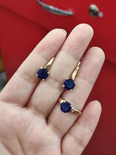 Серебряный Комплект с камнями  Сапфир Серебро с напылением золото