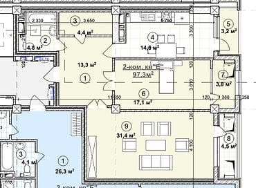 Продажа квартир: 2 комнаты, 97 м², Элитка, 3 этаж, Готовая ПСО (под самоотделку) — 3