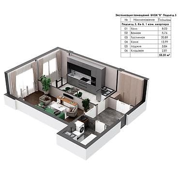 Недвижимость: 1 комната, 55 м², Аламедин-1 мкр 6 этаж, ПСО (под самоотделку) — 1