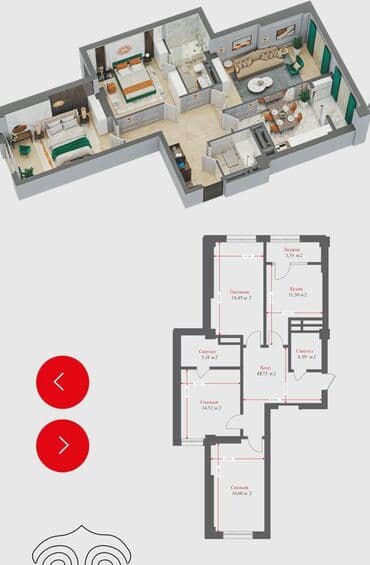 Продажа квартир: 3 комнаты, 87 м², Элитка, 15 этаж, ПСО (под самоотделку) — 2