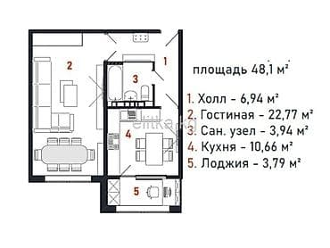 Продажа квартир: 1 комната, 48 м², Элитка, 7 этаж — 1