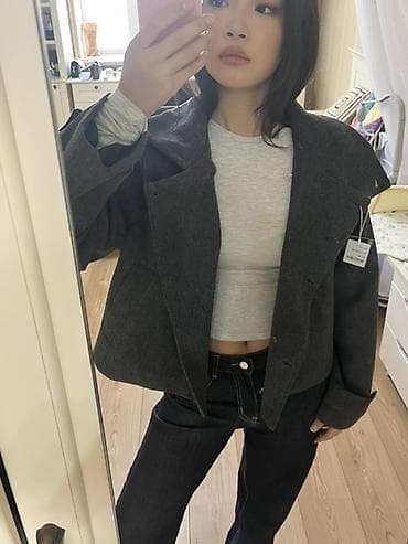 болеро одежда: Укороченное пальто/жакет из плотной шерстяной ткани, темно‑серый — 5