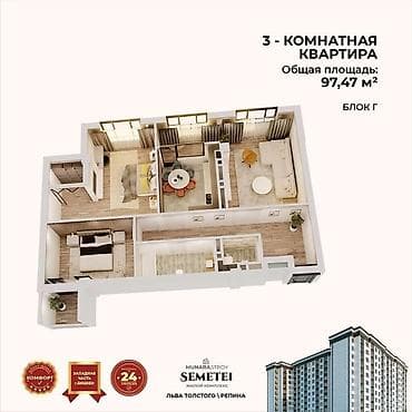 Квартиры: 3 комнаты, 97 м², Элитка, 7 этаж, Готовая ПСО (под самоотделку) — 6