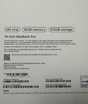 сокулук кун туу: Программалоо үчүн, Жаңы, Apple M5, ОЗУ, RAM: 16 ГБ — 6