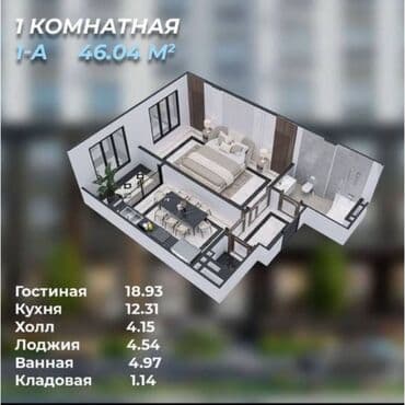 1 комната, 46 м², Элитка, 3 этаж, ПСО (под самоотделку)