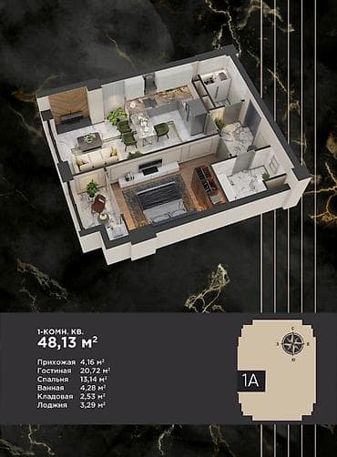 Үй куруучулардан жаңы конуштар: 1 бөлмө, 48 м², Азия Молл Элитка, 12 кабат, ПСО (өз алдынча бүтүрүү) — 3