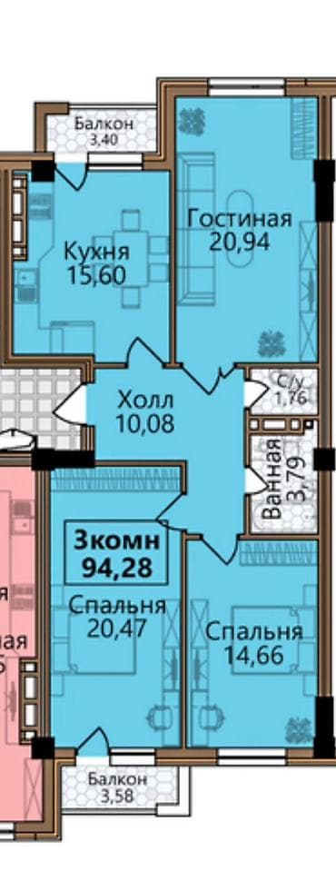 3 room: 3 комнаты, 95 м² — 4