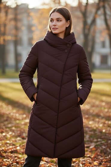 Атайын кийим: Женское утеплённое пальто/пуховик бордового цвета. - Размер: 50 — 1