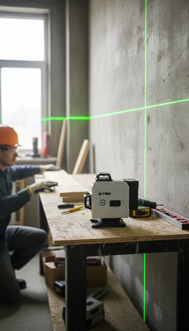 Лазерный уровень HDL в белом корпусе с черными вставками. Оснащен