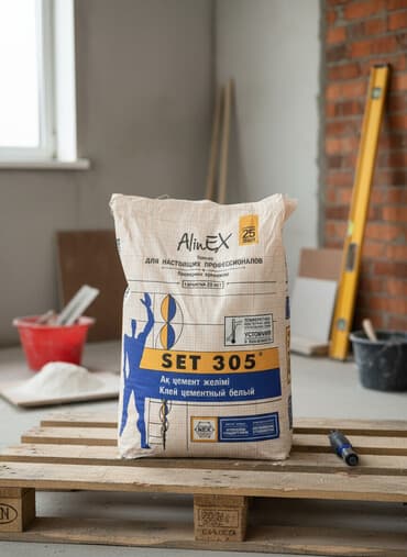 Белый цементный клей AlinEX SET 305 в мешках по 25 кг. Подходит для