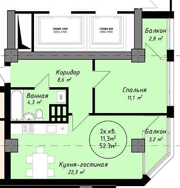 Продажа квартир: 1 комната, 52 м², Элитка, 11 этаж, Готовая ПСО (под самоотделку) — 3
