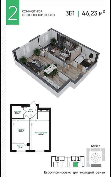 продается квартира в балыкчы: 1 комната, 46 м², Индивидуалка, 11 этаж, Готовая ПСО (под самоотделку) — 1