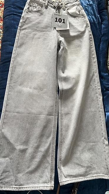 палаццо брюки мужские: Джинсы, Палаццо, Высокая талия, Вареные, S — 1