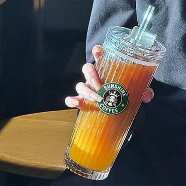 бокалы для сока: Высокие стеклянные стаканы Sunshine Coffee с крышкой и трубочкой - — 3