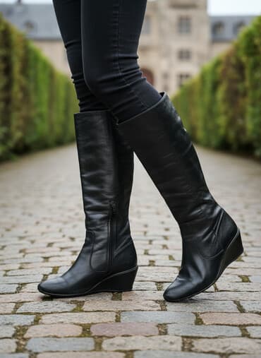 женские зимние сапоги из натуральной кожи и меха: Женские кожаные сапоги до колена, черные. - Материал: натуральная кожа — 1