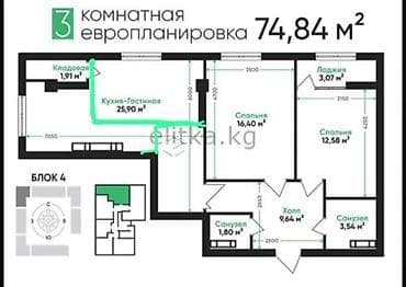 3 комнаты, 74 м², Элитка, 5 этаж, Готовая ПСО (под самоотделку)