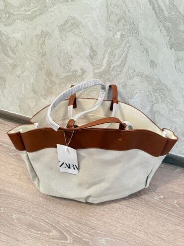 сумка для документов: Сумка-шоппер ZARA из плотного бежевого текстиля с отделкой из эко-кожи — 1