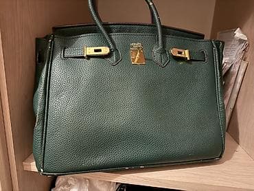 изумруд: Сумка-тоут в стиле Birkin, тёмно‑зелёная, из фактурной зернистой кожи — 2