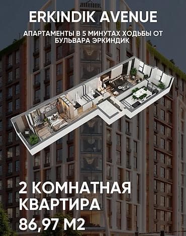 2 комнаты, 87 м², бульвар Эркиндик Элитка, 10 этаж, ПСО (под самоотделку)