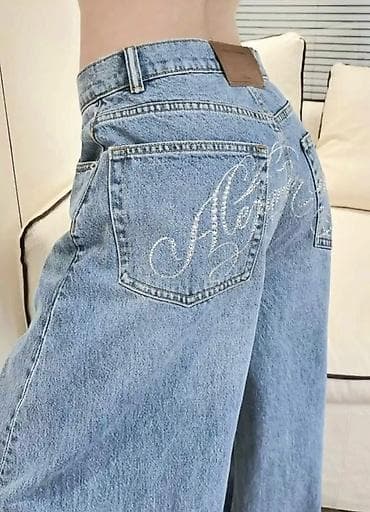 Джинсы: Джинсы, Бэгги, Средняя талия, Со стразами, S — 2