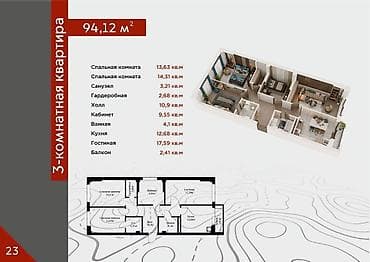1200: 3 комнаты, 95 м², Элитка, 8 этаж, Готовая ПСО (под самоотделку) — 7