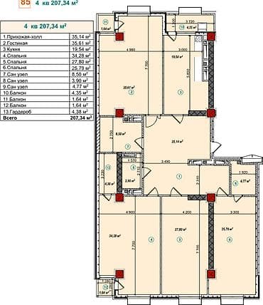 вторичное жилье: 5 и более комнат, 207 м², 17 этаж, Готовая ПСО (под самоотделку) — 1