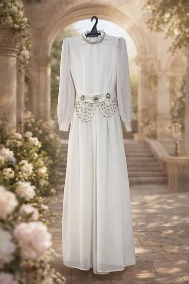 Мужская обувь: Платье в кремово-белом оттенке с жемчужным декором. Комплект создаёт — 2