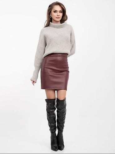 шорты кожаные: Юбка, Модель юбки: Прямая, Мини, Высокая талия, С вырезом — 3