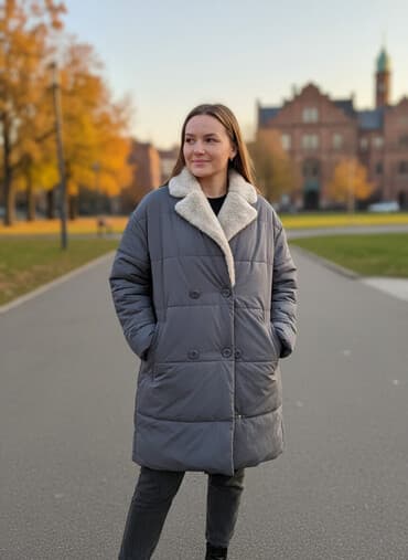 одежда для покрытых: Женское утеплённое пальто/пуховик F.C. размер L. - Цвет: тёмно‑серый — 1