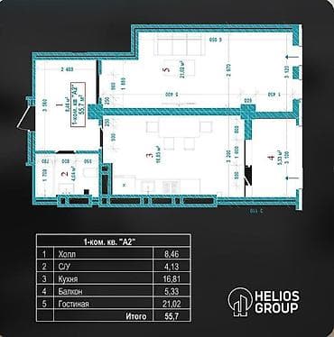 Квартиры: 1 комната, 55 м², Джал мкр (в т.ч. Верхний, Нижний, Средний) Элитка, 15 этаж, ПСО (под самоотделку) — 2
