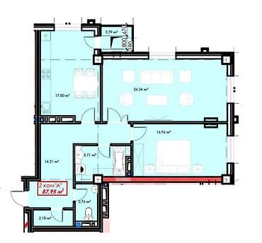 Квартиры: 2 комнаты, 88 м², Элитка, 17 этаж, Готовая ПСО (под самоотделку) — 2