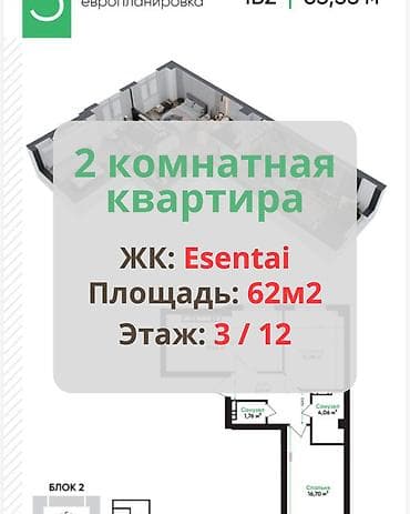 есентай жк: 2 комнаты, 62 м², Элитка, 3 этаж, Готовая ПСО (под самоотделку) — 1
