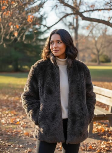 воротник мех: Полушубок коричневый (искусственный мех). На молнии. Унисекс. Размер — 1