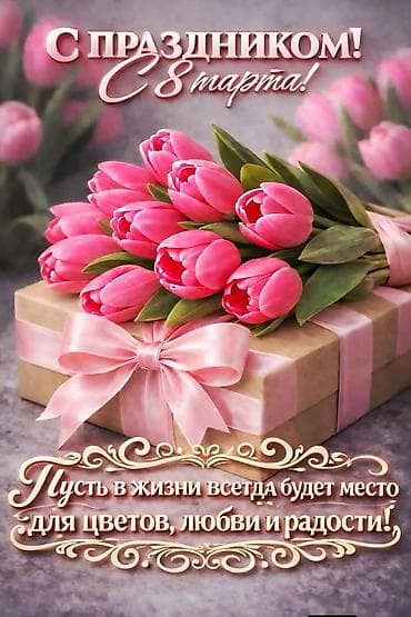 открытки: Праздничная открытка к 8 Марта - Дизайн: букет розовых тюльпанов на — 1
