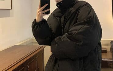 джинсовые платья большого размера: Пуховик/куртка оверсайз, черный - Теплая стеганая куртка с объемным — 1