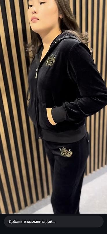 nike tech: Велюровый спортивный костюм женский, черный. - Комплект: худи на — 2