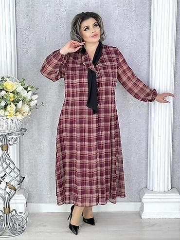 Платье миди в клетку для женщин plus size - Свободный А‑силуэт, длина — 10