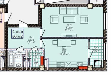 1 комната, 50 м², Элитка, 6 этаж, Готовая ПСО (под самоотделку)