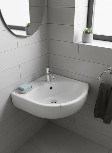 раковина с пьедесталом: Раковина для ванной, Угловая форма, Материал: Керамика — 1